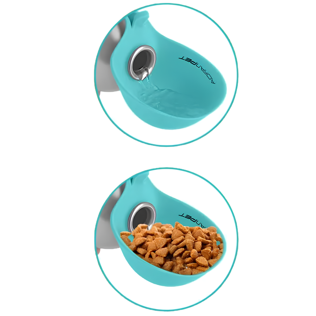Two circular inset close-ups of a turquoise pet waterer and feeder with a silver metal bowl insert. The top shows water flowing into the bowl, and the bottom shows kibble pet food in the feeder.